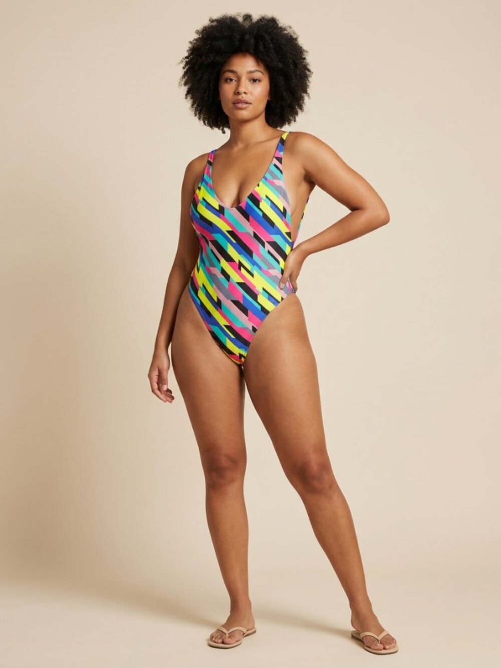 RELLECIGA Neon Striped High Cut Low Back Thong Swimsuit Women Small Sexy